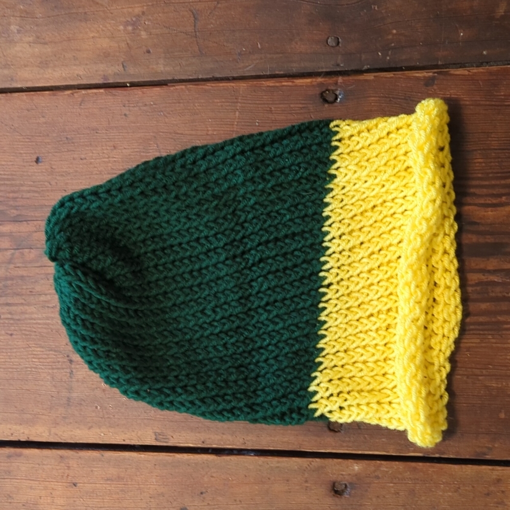 Yellow and green hand crocheted beanie